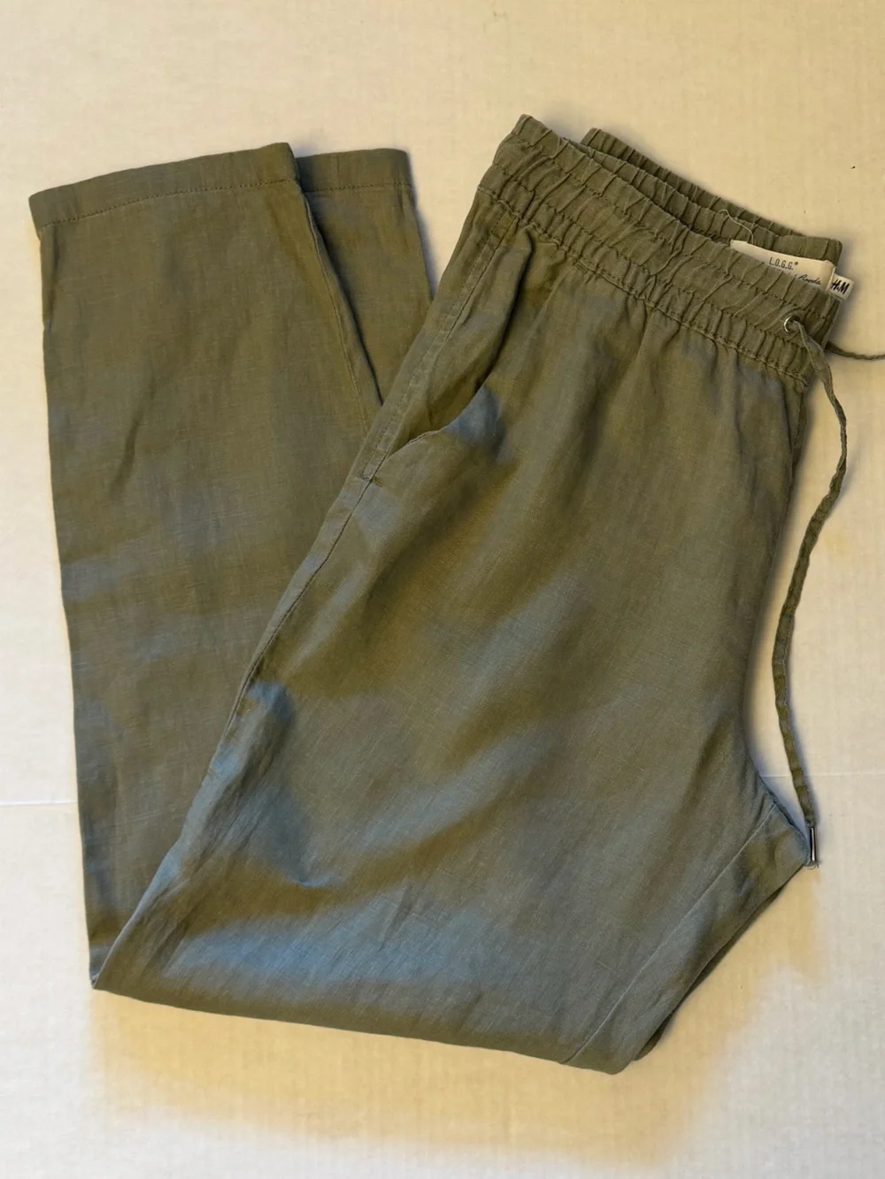 H&M khaki Green Drawstring 100% Linen Womens Pants Sz-6. FF13